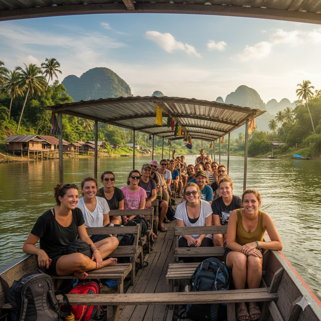 chiang-rai-to-laos-by-slow-boat - Laos Visa and Travel Tours Scenic view of travelers crossing the Mekong River from Chiang Rai to Laos