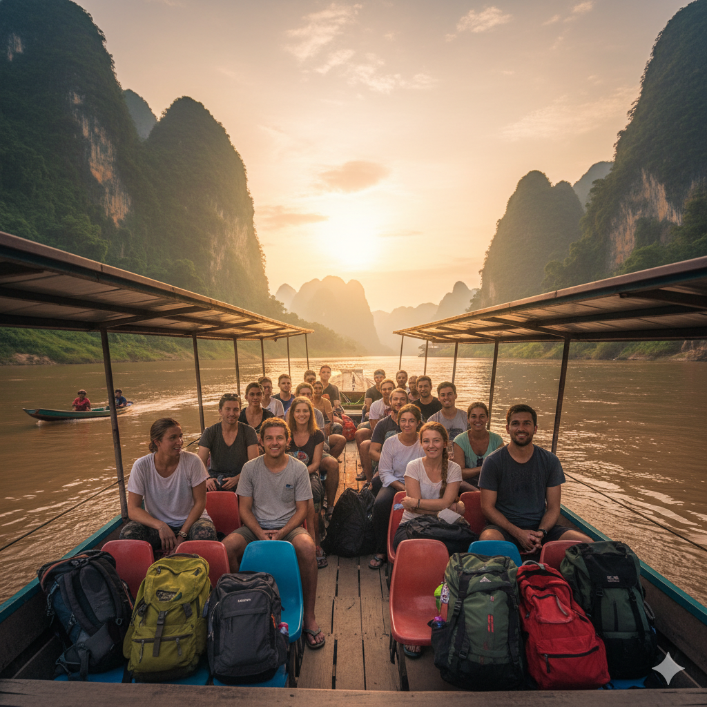 slow-boat-chiang-mai-to-luang-prabang - Laos Visa and Travel Tours slow boat cruising the Mekong River from Huay Xai to Luang Prabang with lush riverbanks during Chiang Mai to Luang Prabang trip