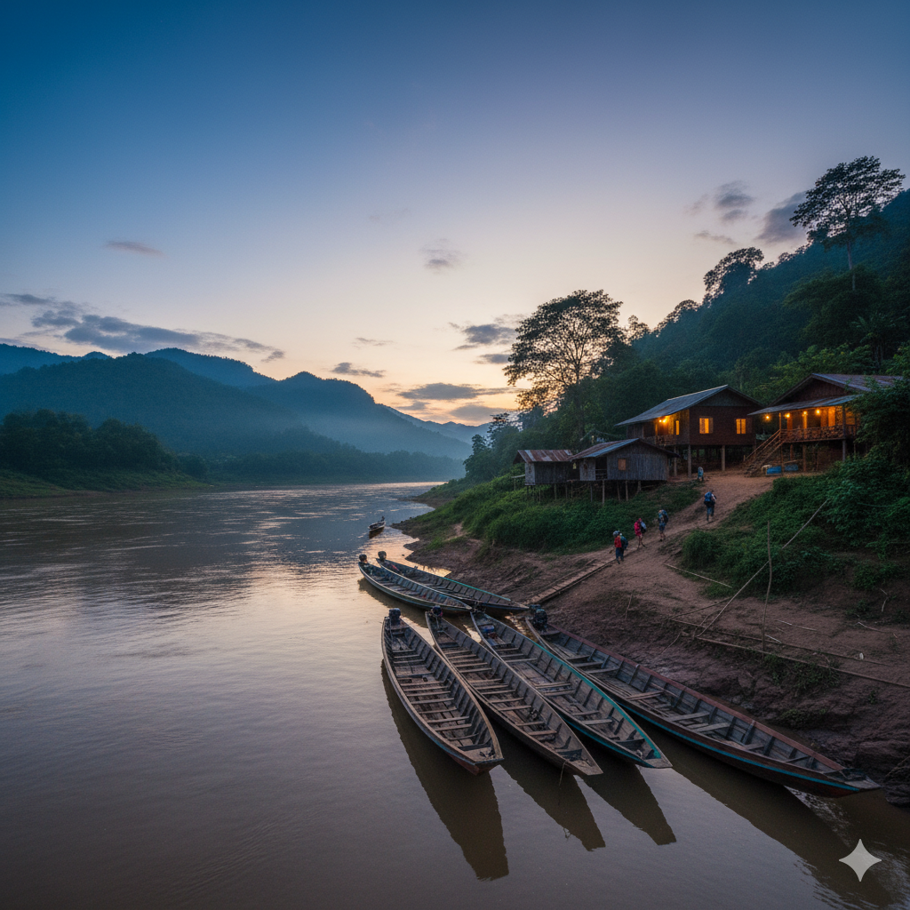 Pakbeng village at sunset, where slow boat to laos passengers stop overnight.