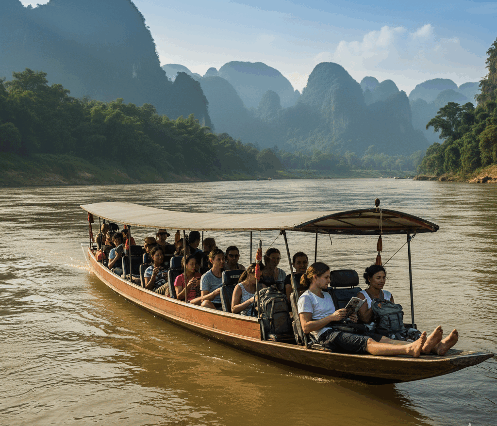 Traveler enjoying riverside views from the slow boat to Laos.