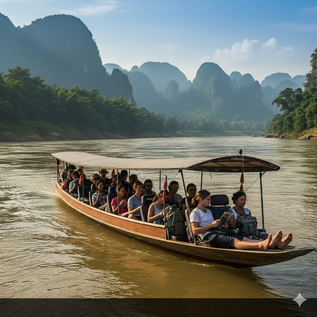 Traveler enjoying riverside views from the slow boat to Laos.